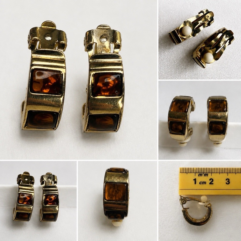 Gold Tone Brown Amber Look Small Hoop Clip On Earrings Geometric